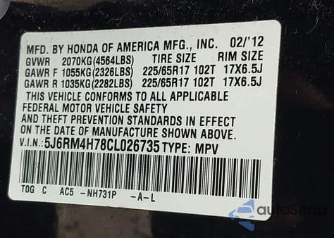 2012 Honda Cr-V Ex-L from USA, damaged, VIN 5J6RM4H78CL026735